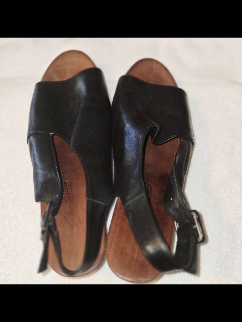 Antelope Black Leather Peep-Toe Slingback Wedge Sandals